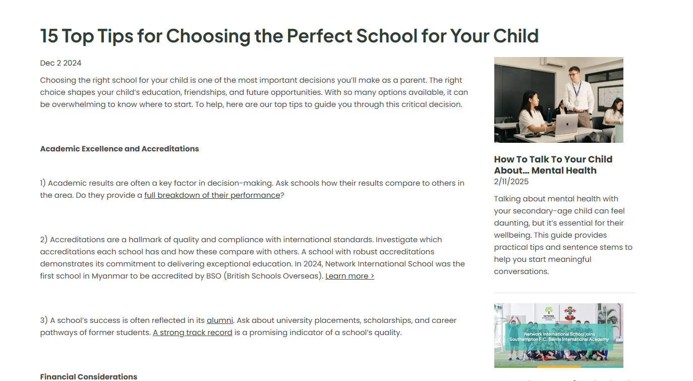 Screenshot of a blog post on choosing the perfect school for children